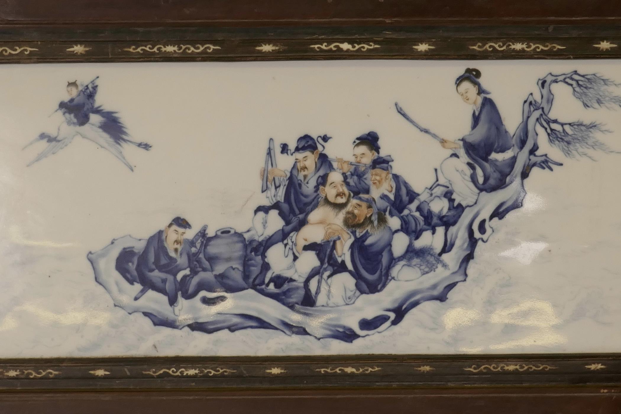 A large Chinese blue and white porcelain panel decorated with The Eight Immortals travelling at sea, - Image 2 of 3