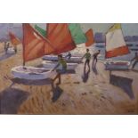 A modern British oil on canvas laid on board, sail boats being dragged to sea, initialled KH, 20"