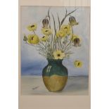 M. Sabris, watercolour, still life, vase of yellow poppies and other flowers, 9" x 11½"