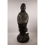 A large Chinese bronze of Quan Yin with applied gilt patina, impressed 6 character mark to back,