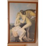 A print on canvas, Cupid and Psyche, in a gilt frame, 63" x 42", another of a classical scene, two
