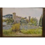 A French watercolour, river scene with monastery on the far bank, signed indistinctly, 14" x 10½"