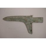 A Chinese bronze ge (dagger axe) head with green verdigris patina, 9½" long
