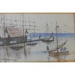 A watercolour, Thai waterscape with fishermen, signed VN Torsugh(?), bears label Thai Thong, New