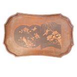 A late C19th Japanese lacquer tray with raised gilded decoration of birds and blossom, 17" x 26"