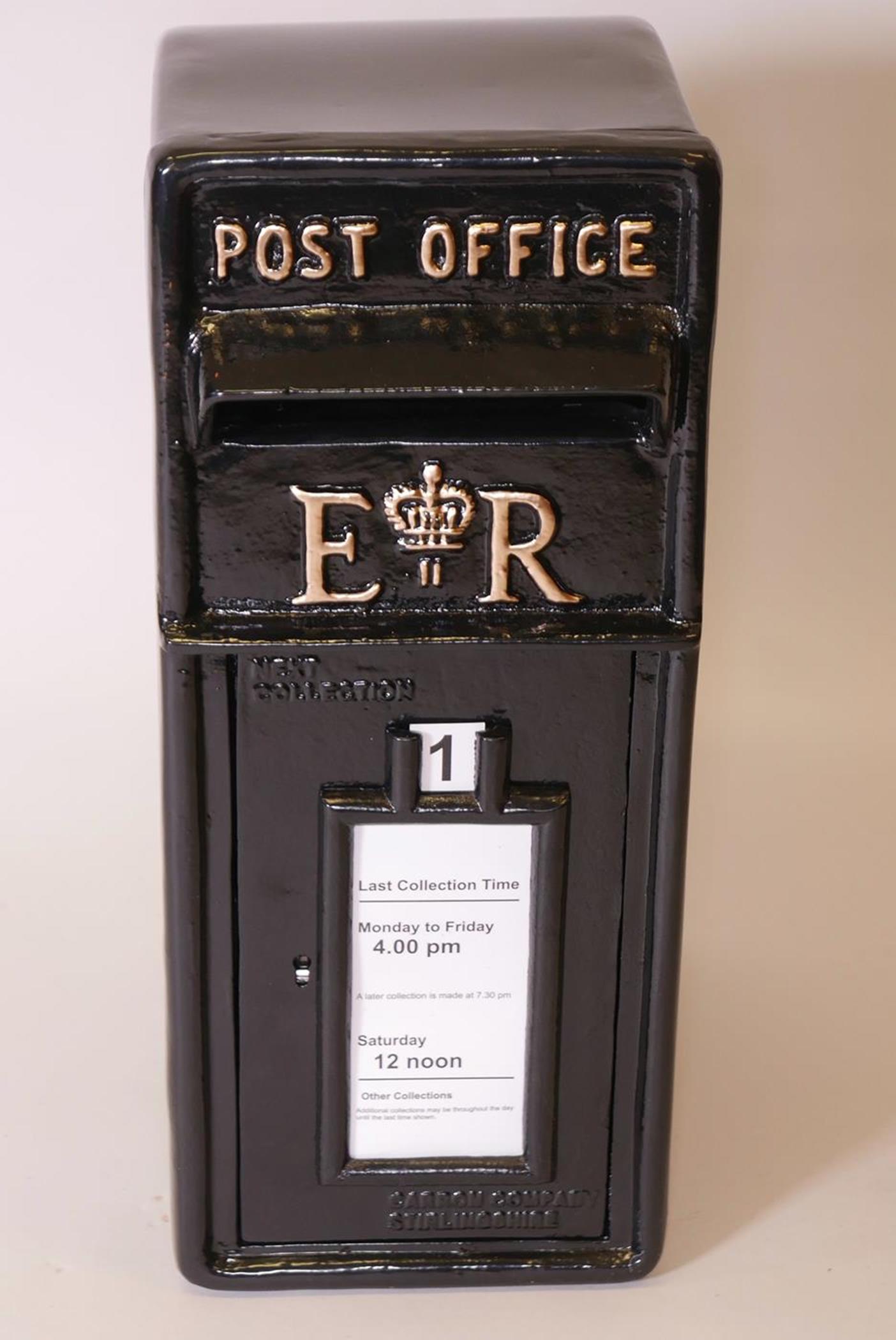 A black metal post box with cast iron front and metal shell, 23" high - Image 2 of 2