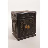 A Chinese hardwood box with carved scrolling decoration and inset boxwood figural decoration, 4" x
