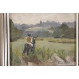 Prue Sapp, oil on board, child riding a pony in a rural landscape, titled verso 'Headley Church from