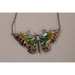 A 925 silver and plique-à-jour butterfly necklace, 2½" x 1"