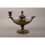 A C19th brass two branch candlestick, in the form of a classical urn, 7" high, A/F, lacks one sconce