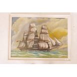 An oil on board, naive painting of a three masted clipper ship, signed E. Jackson, 21" x 30"