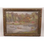 Reinhardt, signed oil on board, figures at a boating lake, 15½" x 11"