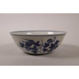 A Chinese blue and white porcelain bowl decorated with vines bearing gourds, 6 character mark to