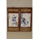 A large pair of Chinese blue and white porcelain panels decorated with cockerels and red flowers, in