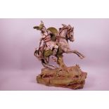 An Amphora porcelain figure of an ancient warrior in a winged helmet on horseback, 17" high