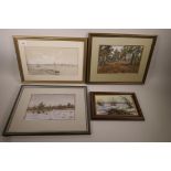 Three Russian School Oils, landscapes, all signed and/or inscribed verso, together with a drawing of