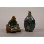A Chinese polychrome porcelain snuff bottle in the form of Chan Chu, and another in the form of