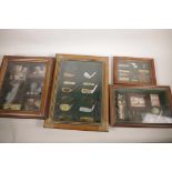 Four display cases of golfing novelties, largest 16" x 12"