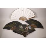 A Chinese bamboo fan with watercolour decoration of Immortals, together with another decorated