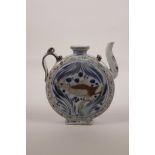 A Chinese blue and white porcelain teapot of slender form decorated with a red carp, 6½" high
