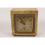 An Art Deco French yellow marble square cased alarm mantel clock by Breveté SG.DG, 3¼" square
