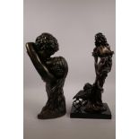 A bronzed composition figure of a lovers' embrace, and another bronzed figure of a lady and her