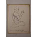 Juliet Pannett, ink sketch, titled 'Buddhist monk of Wat Phao at prayer', 7½" x 10"