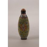 A Chinese Canton enamelled copper snuff bottle with lotus flower decoration, 4 character mark to