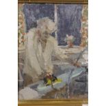 Prue Sapp (1928-2013), oil on artist's board, signed portrait of a lady ironing, 10" x 8"