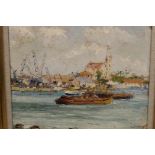 A Continental oil on board, harbour scene with barges and dockyard, signed indistinctly and dated