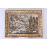 A C19th embroidery, landscape with castle ruin, in a gilt frame, frame 19" x 27"