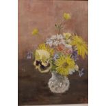 Prue Sapp, oil on artist's board, still life, wildflowers in a glass vase, signed, 7½" x 9½"