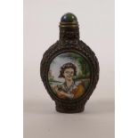 A Chinese copper snuff bottle with Canton enamelled panels depicting European women, 4 character