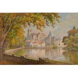 An oil on board, Continental river scene with church, signed indistinctly, 10" x 16"