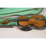 A violin and bow in a hard case, 20" long