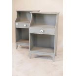 A pair of painted bedside tables, with single drawer and open shelves, 18" x 11" x 30"