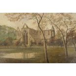 George Willis Pryce, oil on millboard, abbey in ruins, and another of an autumnal landscape, 15" x