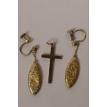 A small 9ct gold cross and a pair of 9ct gold earrings, gross 4.6 grams