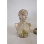 A terracotta bust of a woman, initialled DH, 22" high, A/F
