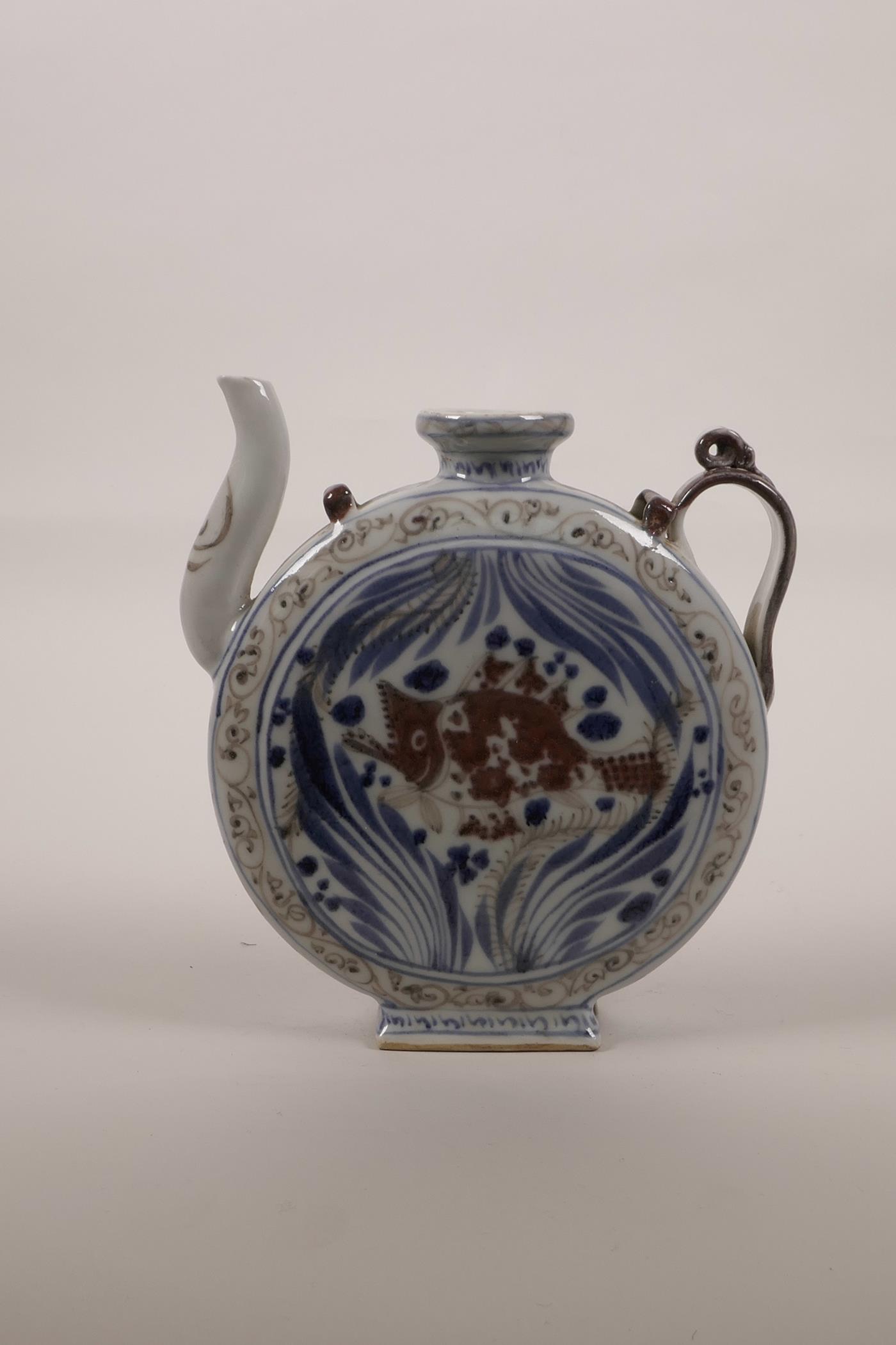 A Chinese blue and white porcelain teapot of slender form decorated with a red carp, 6½" high - Image 3 of 5