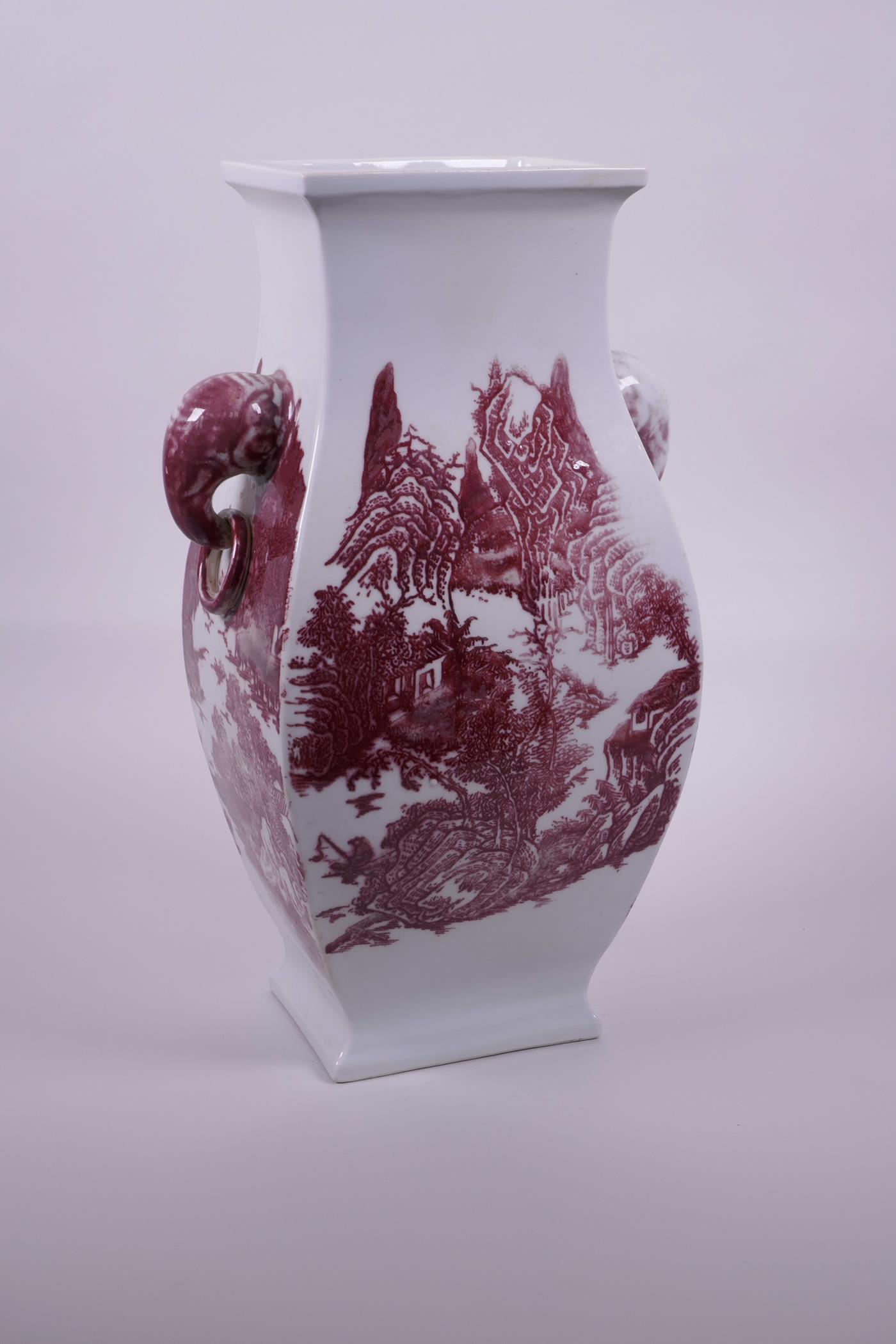 A large Chinese red and white porcelain vase with two elephant head handles, decorated with - Image 2 of 7