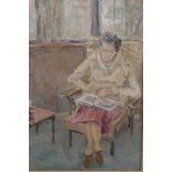Prue Sapp, oil on artist's board, interior scene with a lady reading, signed, gallery label verso,