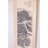 A Chinese watercolour scroll depicting a riverside landscape, 13" x 42"