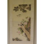 A Chinese watercolour scroll depicting birds and flowers, 19" x 37½"