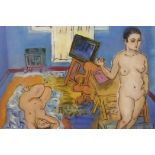 In the manner of Raoul Dufy, oil on canvas board, nude models in an artist's studio, 17" x 13"