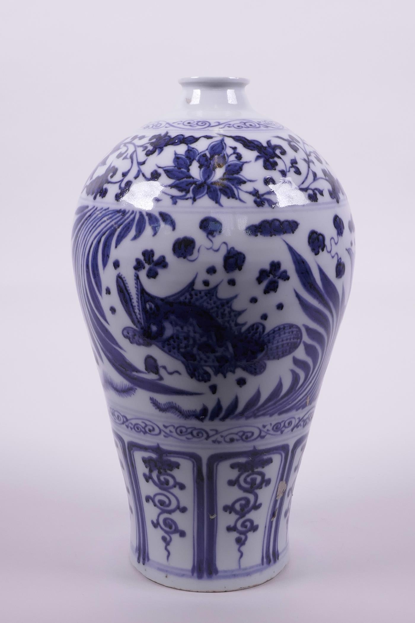 A Chinese blue and white porcelain meiping vase decorated with carp in a lotus pond, 10½" high