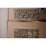 A pair of late C18th engravings, battle scene and mustering army, 13½" x 6"