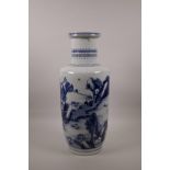 A large Chinese blue and white porcelain rouleau vase decorated with deer, cranes and figures in a