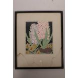 A.J. Casson, screen print of hyacinths in bloom, 6" x 7"