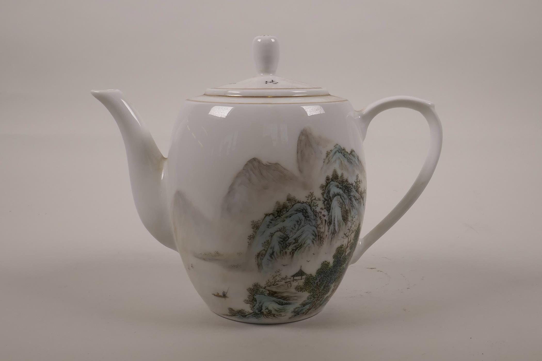 A Chinese Republic porcelain teapot with enamelled riverside decoration, mark to base, 6½" high